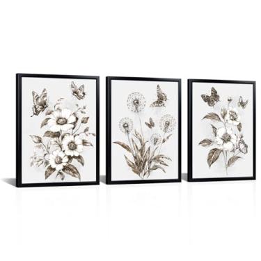 Imagem de FuShvre Decoração de banheiro marrom flores sépia e imagens de borboletas arte de parede moderna floral banheiro decoração de parede molduras pretas cada painel 30,5 x 40,6 cm (marrom)