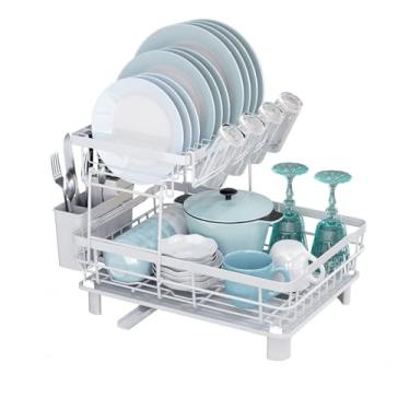 Imagem de Escorredor de louça grande de 2 níveis, escorredor de pratos de aço à prova de ferrugem com drenagem, escorredor de pratos multifuncional com economia de espaço para balcão de cozinha, suporte de
