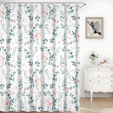 Imagem de TTQYFNM Cortina de chuveiro floral rústica, aquarela, folhas verdes, flores rosa, arte natural, fazenda, banheiro, banheira, tecido de poliéster, impermeável, conjunto de cortinas de chuveiro com