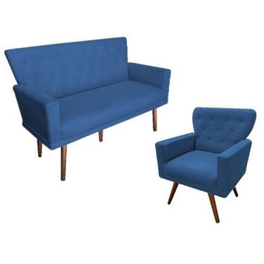 Imagem de Kit Namoradeira + 1 Poltrona Decorativa Aurora Suede Azul Marinho Pés 