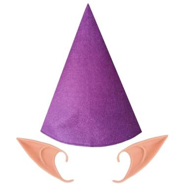 Imagem de Conjunto de acessórios festivos de fantasia de gnomo, chapéus de cone de feltro com orelhas de elfo para Halloween, Natal, chapéu de giz de cera de fada elfo cosplay, Roxa, tamanho �nico