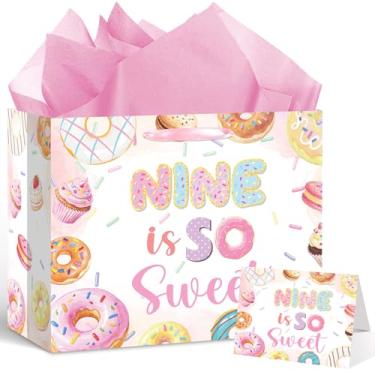 Imagem de Sacos de presente de 9º aniversário Donut com cartão e papel de seda Sweet Sassy e nove donuts, sacos de sorvete com alças - papel de embrulho grande para decoração de festa temática de 9º donut