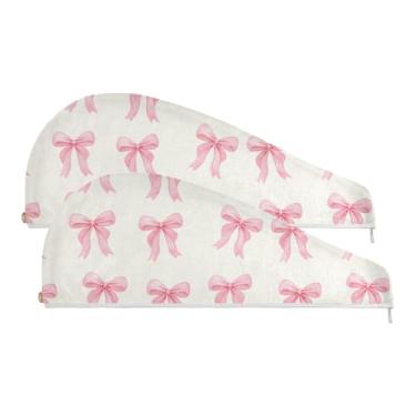 Imagem de SEHANY Linda toalha de cabelo de microfibra com laço rosa para mulheres, 2 peças, turbantes de cabelo de secagem rápida com botão, touca de cabelo seco absorvente toalha de secagem de cabelo para