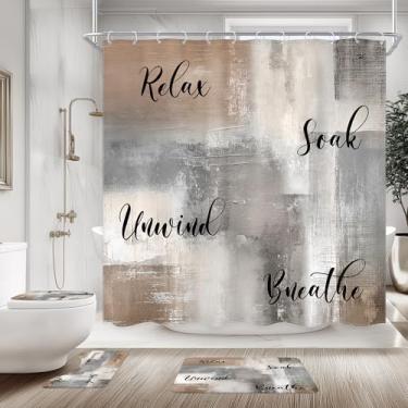 Imagem de Ufeela Conjunto de banheiro abstrato marrom cinza 4 peças com cortina de chuveiro e tapetes 182 cm L x 182 cm A pintura a óleo moderna antiderrapante tapete de banheiro tampa de vaso sanitário e
