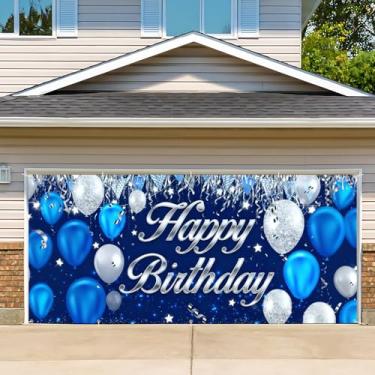 Imagem de Capa de porta de garagem de aniversário, cenário fotográfico de faixa de feliz aniversário, fundo de festa para decoração de parede interna e externa (azul, feliz aniversário, 2,1 x 4,9 m)