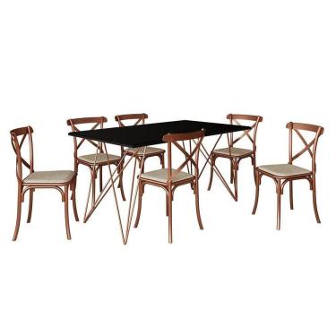 Imagem de Mesa De Jantar Industrial Com 6 Cadeiras Cobre Premium Cobre E Preto 150 Cm - Marrom