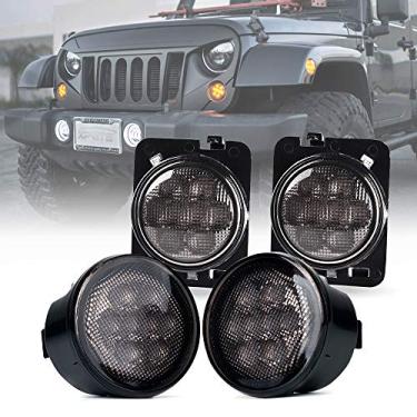 Imagem de Xprite LED Smoke Lens nos pisca-piscas com estacionamento Função e substituição Pára-choque dianteiro Side marcador Âmbar Assembleia Luz Combo para 2007-2018 Jeep Wrangler JK & Wrangler Unlimited