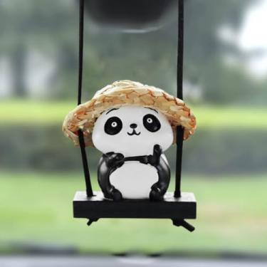 Imagem de DUSCOKE Ornamento de carro de panda oscilante para pendurar – Pingente de espelho retrovisor de animal fofo de desenho animado para decoração de carro, escritório e casa – Chapéu de palha universal