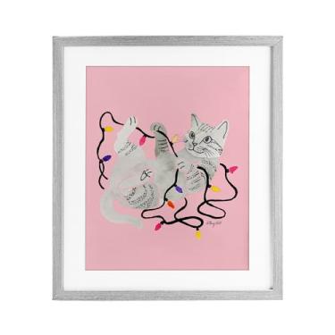 Imagem de Stupell Industries "Gato com luzes de Natal rosa", impressão emoldurada sob vidro, cinza, 13 x 16