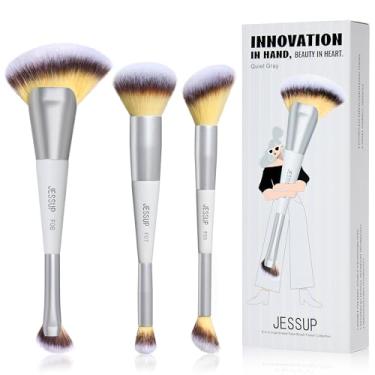 Imagem de Jessup Conjunto de pincéis de maquiagem facial, 3 peças de pincéis de maquiagem dupla face para corretivo de destaque de blush, ferramentas cosméticas livres de crueldade, cinza silencioso T521