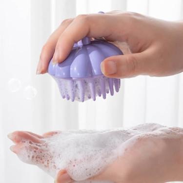 Imagem de 1 pente de massagem portátil para couro cabeludo – escova em forma de abóbora para massagem de cabeça de xampu, escova de limpeza unissex para cabeça de chuveiro (roxo)