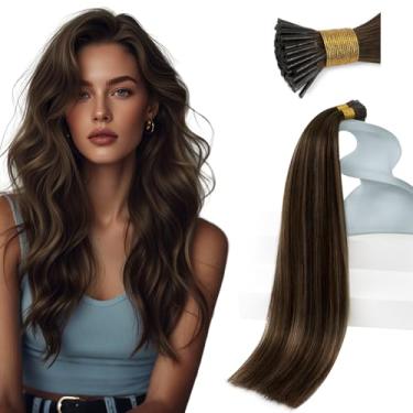 Imagem de Extensões de cabelo humano 55,88 cm pré-colados marrom balayage marrom ombré castanho médio castanho misto balayage extensões I Tip Fusion cabelo humano 1 g/s 50 g