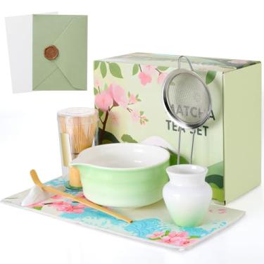 Imagem de Conjunto de 8 peças de batedor Matcha, kit de tigela de chá de cerâmica com cartão, bico, batedor de bambu, suporte, toalha de chá, colher e peneira inoxidável, para elaborar bebidas de chá