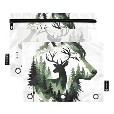 Imagem de Bolsa de lápis de arte animal de veado lobo para fichário de 3 anéis com zíper bolsa de lápis caneta sala de aula escola pastas transparentes bolsos rosa 25 cm x 18 cm, 2 pacotes