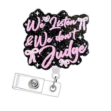 Imagem de Bellrela Porta-crachá retrátil, design de citação We Listen & We Don't Judge, branco e preto, nylon com clipe jacaré de 360 graus