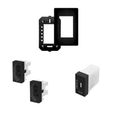 Imagem de Kit Tomada Dupla Padrão Preto 10A/250V + UBS e Placa - Fame