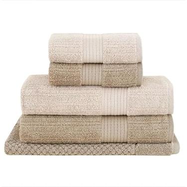 Imagem de Jogo de Toalhas de Banho Fio Penteado Canelado 5 Peças 100% Algodão Alta Absorção Banho Rosto e Piso (Bege Claro Bege Escuro)