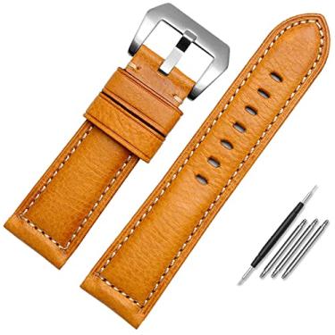Imagem de IRFKR Pulseira de couro masculina, adequada para Panerai Seiko Citizen Jeep, corrente de couro italiano, 22 mm, 24 mm, 26 mm (prata amarela, 26 mm)