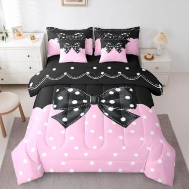 Imagem de Feelyou Conjunto de edredom com laço rosa, 7 peças, solteiro, de bolinhas, para crianças, meninos, meninas, decoração de quarto, respirável, macio e leve