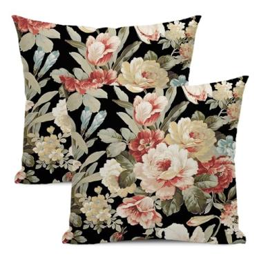 Imagem de Yxuiyal Conjunto de 2 capas de almofada florais de primavera, 45,7 x 45,7 cm, vintage, preto, vermelho, rosa, flor, fronha, decoração de verão, casa de fazenda, capa de almofada decorativa para sofá