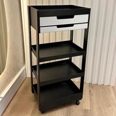 Imagem de Carrinho Auxiliar Pintado Multiuso – Prateleira com Gavetas A4 e Rodinhas (80cm) – para Armazenamento Doméstico(Preto Gavetas Brancas)