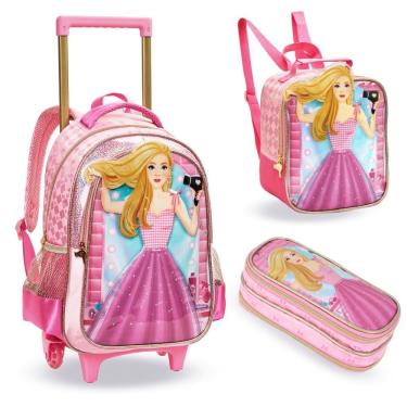 Imagem de Kit Mochila Rodinha Princesa Estojo Lancheira Infantil Escolar Barbie Rapunzel Denlex