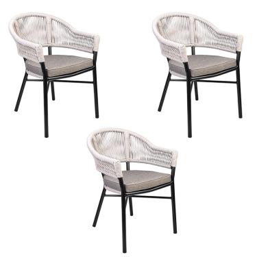 Imagem de Kit 3 Cadeiras Área Externa de Alumínio Bear com Corda Naútica Preto/Amêndoa G56 - Gran Belo