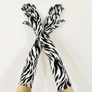 Imagem de Luvas Longas Femininas De Veludo Dourado Com Estampa De Leopardo E Zeb