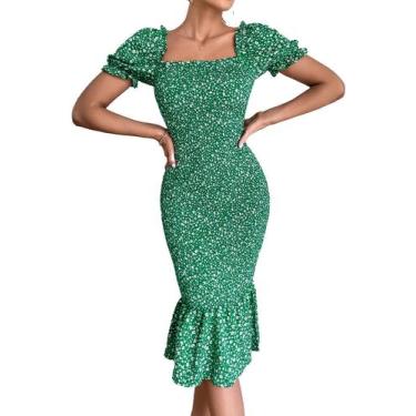 Imagem de Vestido PRETTYGARDEN Midi Justo Floral Verde Tamanho Grande