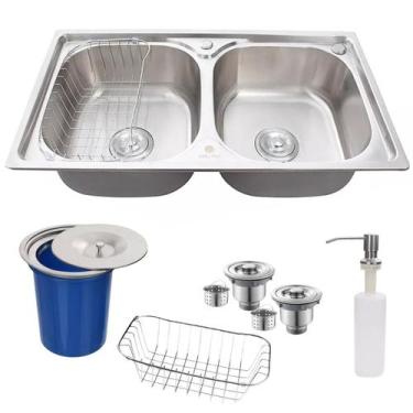 Imagem de Cuba Dupla Cozinha Gourmet Inox 304 + Kit Com Lixeira 5 Lts - Stillus 