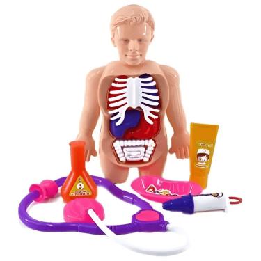 Imagem de Kit Médico Infantil Corpo Humano 13 Peças Educativo Sobre Anatomia com Boneco e Estetoscópio Well Kids