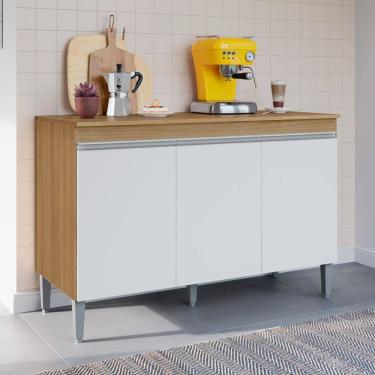 Imagem de Balcão Gabinete Cozinha Manu 120cm 3 Portas Com Tampo MDP Multiuso Amêndoa Branco - Des...