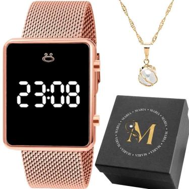 Imagem de Kit Relógio Feminino Maria Digital com Pulseira de Silicone com Colar com Pingente de Pérola Rosê