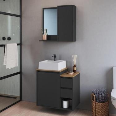 Imagem de Conjunto Gabinete Suspenso Banheiro com Espelho e cuba 60 Bari Grafite