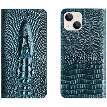 Imagem de KKFAUS Capa de telefone de concha de couro, para Apple iPhone 13 (2021) 6,1 polegadas cabeça de crocodilo em relevo folio stand case [slot para cartão] (cor: azul)