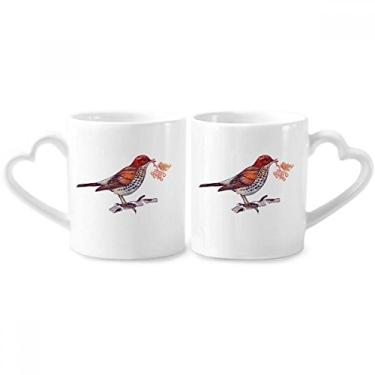 Imagem de Conjunto de canecas de porcelana para casais de frutas e flores de ramo de pássaros com alça de coração
