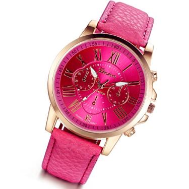 Imagem de Lancardo Relógio analógico feminino, pulseira de couro PU tom de ouro rosa redondo com bolsa de presente, Ouro rosa, Relógio analógico, movimento de quartzo