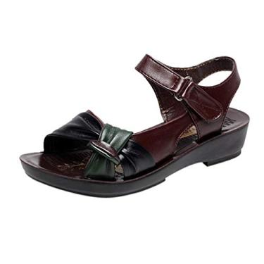 Imagem de Sandálias femininas com fivela no tornozelo plataforma sandálias femininas moda verão vintage couro nó sandálias anabelas confortáveis sapatos de tamanho grande (marrom, 7)