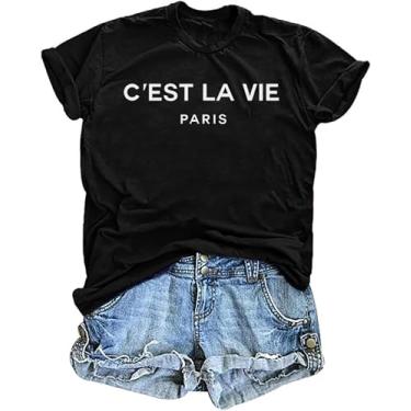 Imagem de Camiseta feminina Paris França Torre Eiffel Camiseta Viagem na França Camisetas de férias Paris Tops, Preto, G