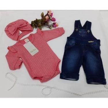 Imagem de Kit Jardineira +  Body + Touca Bebe Menina Jeans Luxo 252 - Vermelho - P - 0 A 3 MESES-Feminino