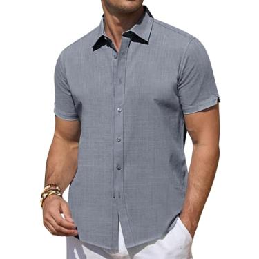 Imagem de DEMEANOR Camisas de linho masculinas de manga curta camisas de linho casuais camisas de botão verão praia camisa havaiana para homens, Cinza claro, G