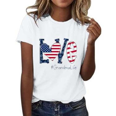 Imagem de 4th of July American Flag Love Print Shirts Independence Day Tops Verão Feminino Solto Manga Curta Túnica Gola Redonda Blusa, Branco, GG