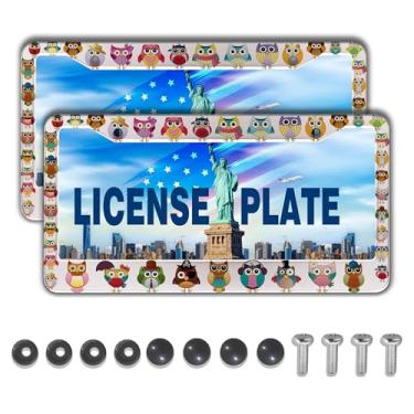 Imagem de Molduras de placa de licença para mulheres, moldura de placa de licença multicolorida para homens, coruja, universal, acessório de carro de alumínio, pacote com 2 unidades com conjunto de tampas de