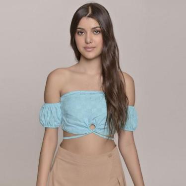 Imagem de Cropped Ciganinha Com Amarração Feminino Amofany Em Jacquard Xadrez - 