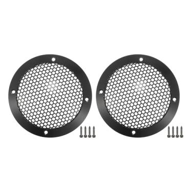 Imagem de ACROPIX Capa universal para grades de alto-falante de carro de 7,6 cm em malha redonda de 7,6 cm caixa protetora de subwoofer com parafusos de montagem liga de alumínio preto - Pacote com 2