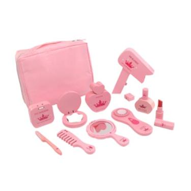 Imagem de MERIGLARE 10Pcs Brinquedos de maquiagem de madeira Kits de maquiagem de mentira com bolsa Presentes Penteadeira Brinquedo Princesa Vestir-se para crianças