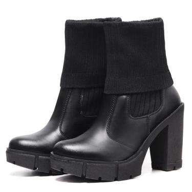 Imagem de Bota Coturno Feminino Salto Alto Tratorada Meia 2 em 1 Confortável - M