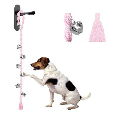 Imagem de GINIDEAR Campainhas de cachorro para treinamento de penico, sino de cachorro pendurado artesanal para maçaneta de porta para filhotes toquem para sair, presente de campainha de cachorro macramê. Rosa claro