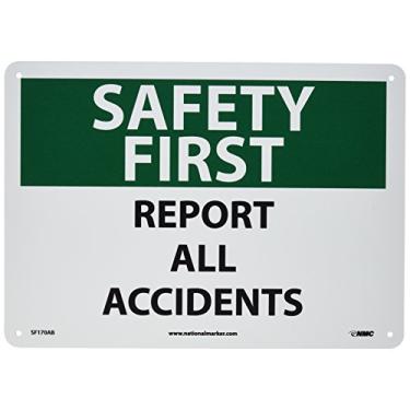 Imagem de NMC Placa SF170AB OSHA, legenda "SAFETY FIRST - RELATÓRIO DE TODOS OS ACIDENTES", 35,5 cm de comprimento x 25,4 cm de altura, alumínio, preto/verde em branco