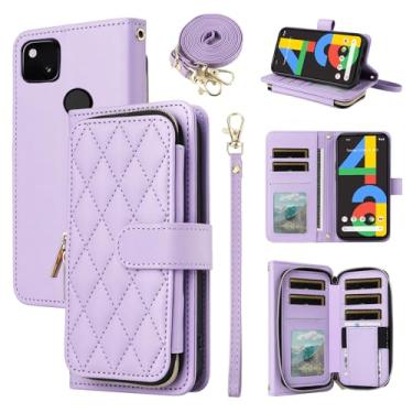 Imagem de Furiet Argyle Capa carteira para Google Pixel 4a 4G com alça de ombro, 9+ compartimento para cartão com zíper bolsa de couro PU de luxo capa de celular quadriculada para Pixel4a Pixle a4 5.8 2020 roxo